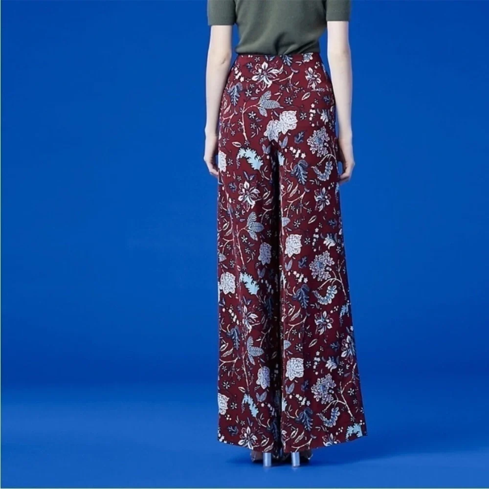 Diane Von Furstenberg Canton Brodeaux Silk Floral Pant Trouser Red Stretch Summe